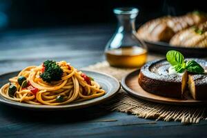 spaghetti e pane su un' di legno tavolo. ai-generato foto