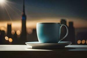 un' tazza di caffè su un' tavolo nel davanti di un' paesaggio urbano. ai-generato foto