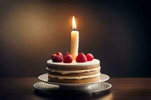 un' compleanno torta con un' singolo candela. ai-generato foto