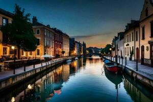 un' canale nel il mezzo di un' città a crepuscolo. ai-generato foto