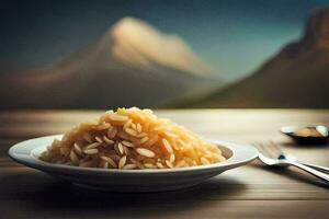 un' piatto di riso con un' montagna nel il sfondo. ai-generato foto
