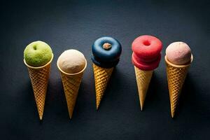 cinque ghiaccio crema coni con diverso colori su un' buio sfondo. ai-generato foto