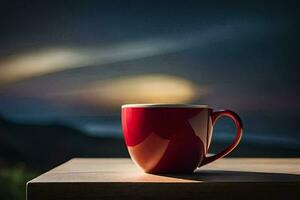 un' rosso caffè tazza si siede su un' di legno tavolo nel davanti di il oceano. ai-generato foto