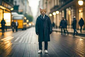 un' gatto indossare un' cappotto e in piedi su un' strada. ai-generato foto