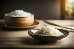 un' ciotola di riso e un' di legno ciotola su un' tavolo. ai-generato foto