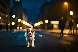 un' cane in piedi nel il mezzo di un' città strada a notte. ai-generato foto