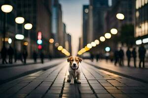 un' cane è in piedi nel il mezzo di un' città strada. ai-generato foto