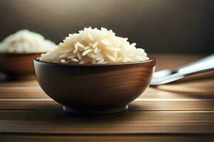 un' ciotola di riso su un' di legno tavolo. ai-generato foto