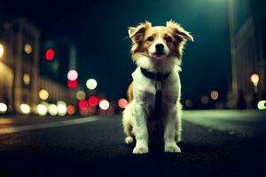 un' cane seduta su il strada a notte. ai-generato foto