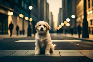 un' cane seduta su il strada nel un' città. ai-generato foto