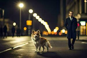 un' uomo nel un' completo da uomo e cravatta in piedi Il prossimo per un' cane su un' città strada. ai-generato foto