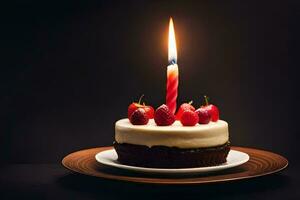 un' compleanno torta con un' singolo candela su superiore. ai-generato foto