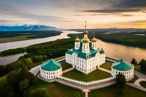 il russo ortodosso Cattedrale nel il mezzo di un' lago. ai-generato foto