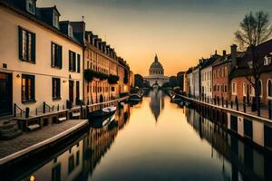 un' canale nel il mezzo di un' città con edifici e un' cupola. ai-generato foto