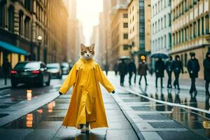 un' gatto nel un' giallo impermeabile a piedi giù un' città strada. ai-generato foto