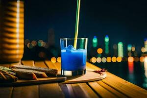 un' bicchiere di blu bevanda con pane su un' tavolo nel davanti di un' città orizzonte. ai-generato foto