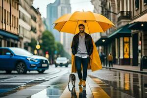 un' uomo a piedi il suo cane nel il pioggia con un ombrello. ai-generato foto
