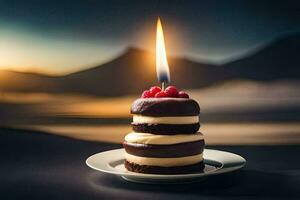 un' cioccolato torta con un' candela su superiore. ai-generato foto