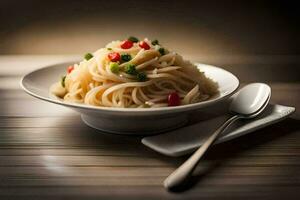 un' ciotola di tagliatelle con rosso peperoni e un' cucchiaio. ai-generato foto