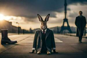 un' coniglio nel un' completo da uomo e cravatta in piedi nel davanti di il eiffel Torre. ai-generato foto