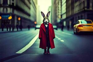 un' coniglio indossare un' rosso cappotto e cravatta in piedi su il strada. ai-generato foto