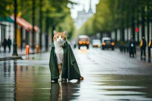 un' gatto nel un' impermeabile in piedi su un' bagnato strada. ai-generato foto