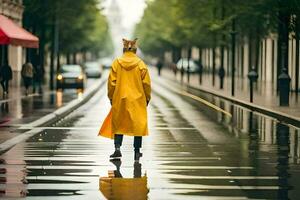 un' persona nel un' giallo impermeabile a piedi giù un' strada. ai-generato foto