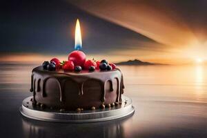 un' cioccolato torta con frutti di bosco e un' candela su superiore. ai-generato foto