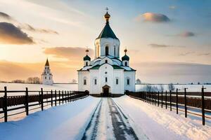 un' Chiesa nel il neve con un' strada principale per esso. ai-generato foto