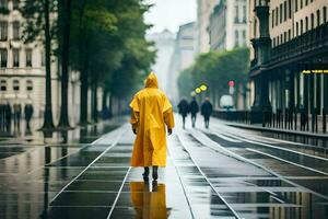 un' persona a piedi nel il pioggia indossare un' giallo impermeabile. ai-generato foto