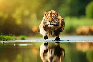 un' tigre in esecuzione attraverso il acqua. ai-generato foto