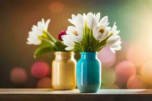 Due vasi con bianca fiori nel loro su un' tavolo. ai-generato foto