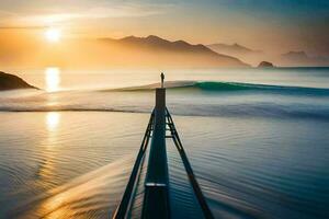 un' uomo sta su un' molo guardare su a il oceano. ai-generato foto