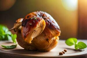 un' pollo su un' di legno piatto con erbe aromatiche. ai-generato foto