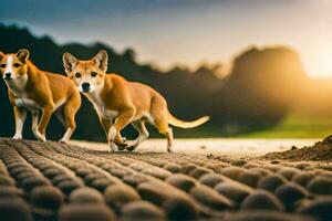 Due cani a piedi su un' ghiaia strada a tramonto. ai-generato foto