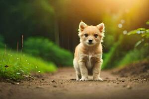 un' piccolo cucciolo in piedi su un' sporco strada. ai-generato foto