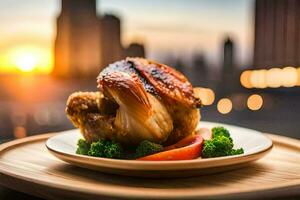 un' pollo è servito su un' piatto con broccoli e un' città Visualizza. ai-generato foto