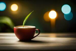 un' tazza di caffè con un' verde pianta su il tavolo. ai-generato foto