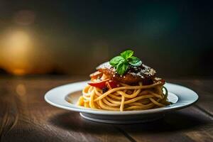 spaghetti con carne e pomodoro salsa su un' piatto. ai-generato foto