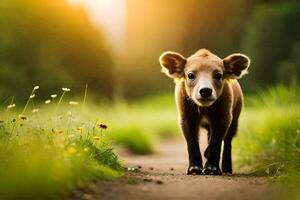 un' bambino mucca a piedi su un' sporco strada. ai-generato foto