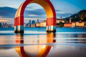 un' colorato arco nel il acqua con un' città nel il sfondo. ai-generato foto