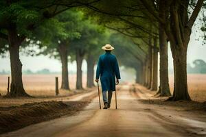 un' uomo nel un' blu cappotto a piedi giù un' sporco strada. ai-generato foto