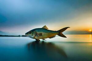 un' pesce è in piedi su il acqua a tramonto. ai-generato foto