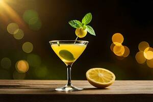 un' cocktail con Limone e menta su un' di legno tavolo. ai-generato foto