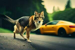 un' lupo è a piedi nel davanti di un' giallo gli sport macchina. ai-generato foto