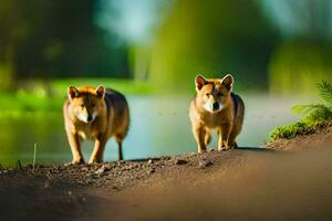 Due cani a piedi lungo un' sporco sentiero vicino acqua. ai-generato foto