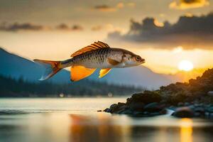 un' pesce è volante al di sopra di il acqua a tramonto. ai-generato foto