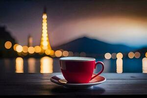 un' tazza di caffè su un' di legno tavolo nel davanti di un' paesaggio urbano. ai-generato foto