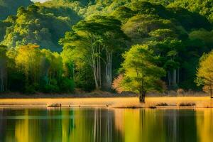 un' lago circondato di alberi e erba. ai-generato foto