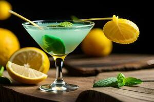 un' cocktail con Limone e menta su un' di legno tavolo. ai-generato foto